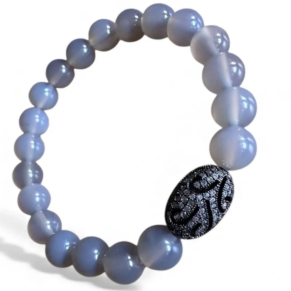 Polished 8mm Chalcedony Stretch Bracelet w/ Jet Crystal Pave Filigree Spacer